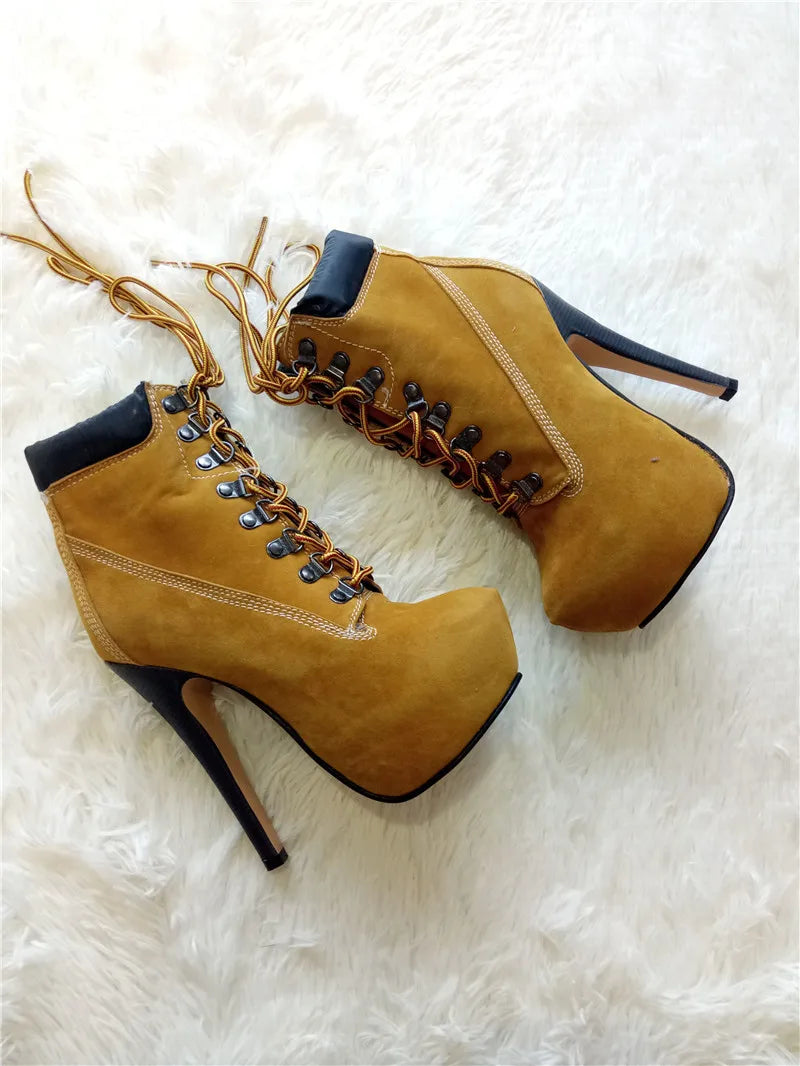 Women Lace-Up Ankle Boots Shoes 16cm High Thin Heel 4cm Platform Heels Boots