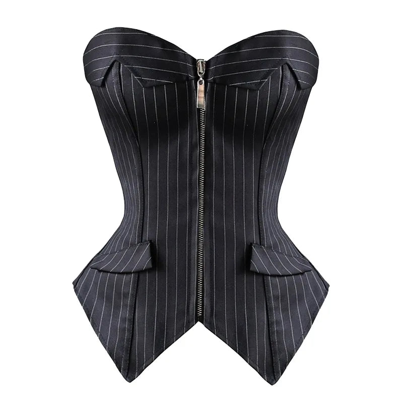 Black Striped Overbust Corset Office Lady Corset Bustier Strapless Tops