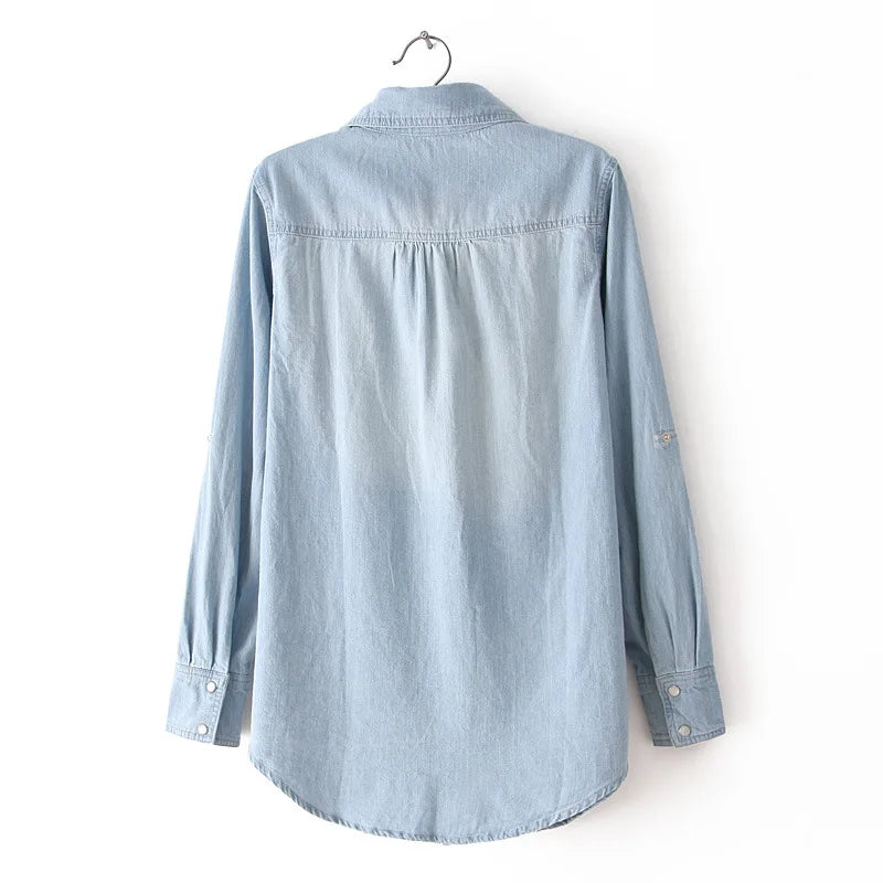 Women Summer Blouse Mid-Long Cute Jeans Shirt Long Sleeve Female Ladies Thin Denim Shirts Blue