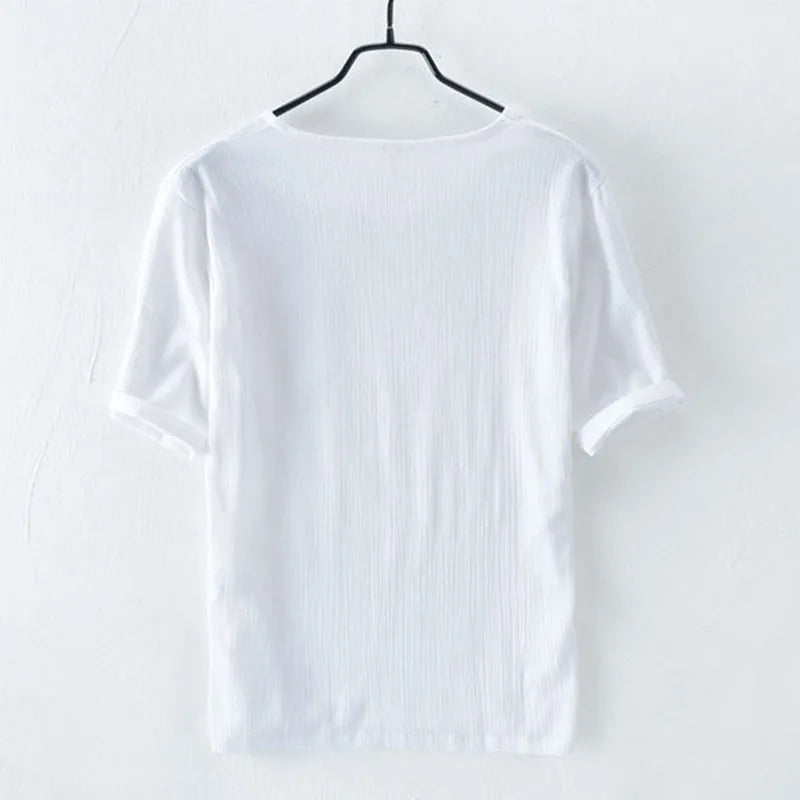 Summer Men T Shirts Short Sleeve Round Collar Breathable Linen Tops Tees Causal