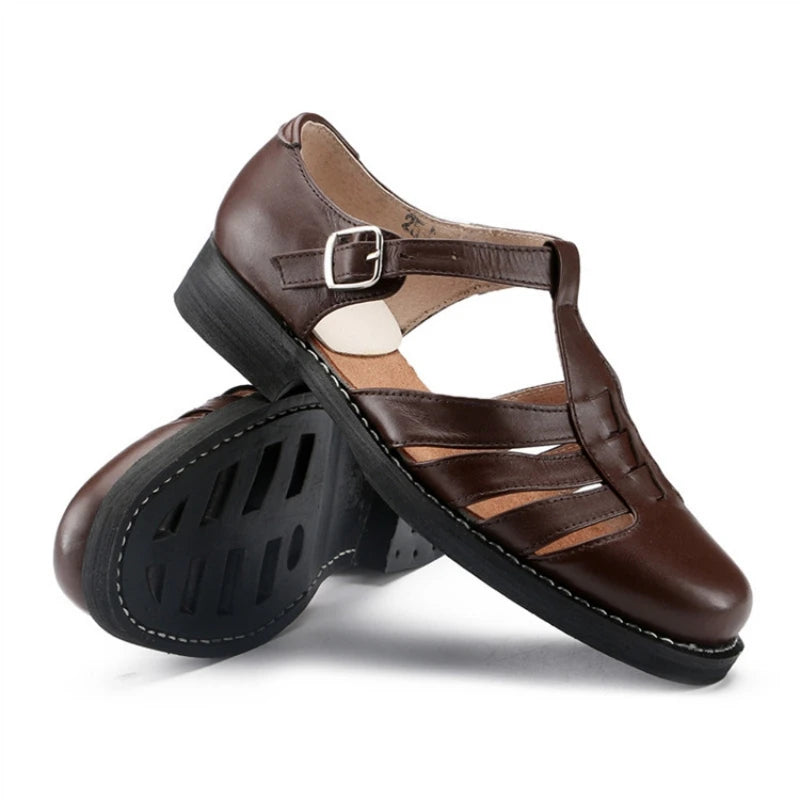 Summer Leather Formal Shoes Men Round Toe Hollow Buckle Sandals Handmade Leisure Soft Sole Sandals