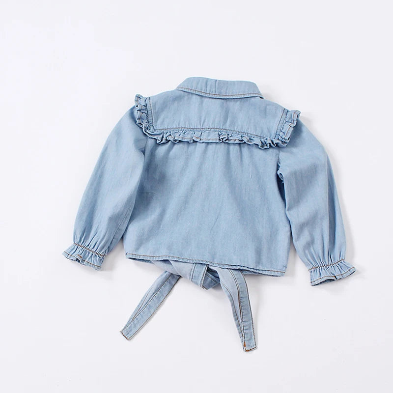 Summer shirt cotton girls clothes casual ruffles denim blouse kids toddler baby girls