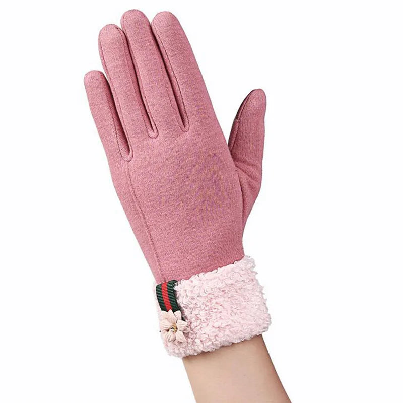 Female Winter Sports Fitness Warm Gloves Fashion Women Wrist Flowers Plus Cashmere Cotton Full Finger Touch Screen Gloves 13F