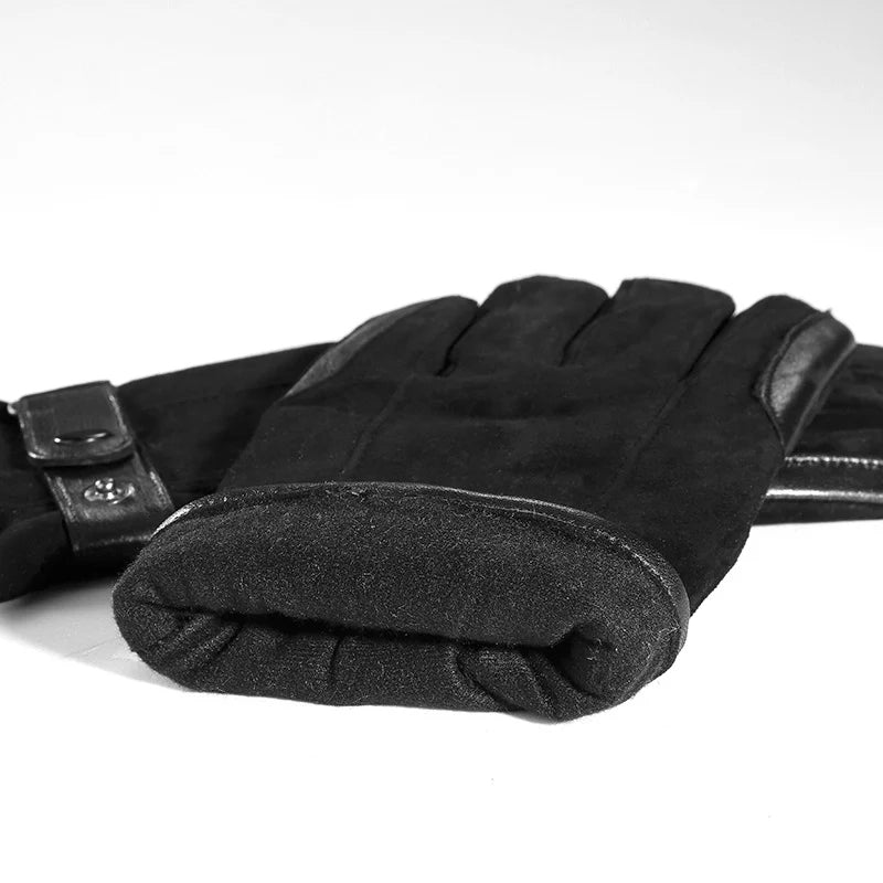 Genuine Leather Gloves Male Autumn Winter Warm Men Black Suede Gloves Wrist Buckle Glove