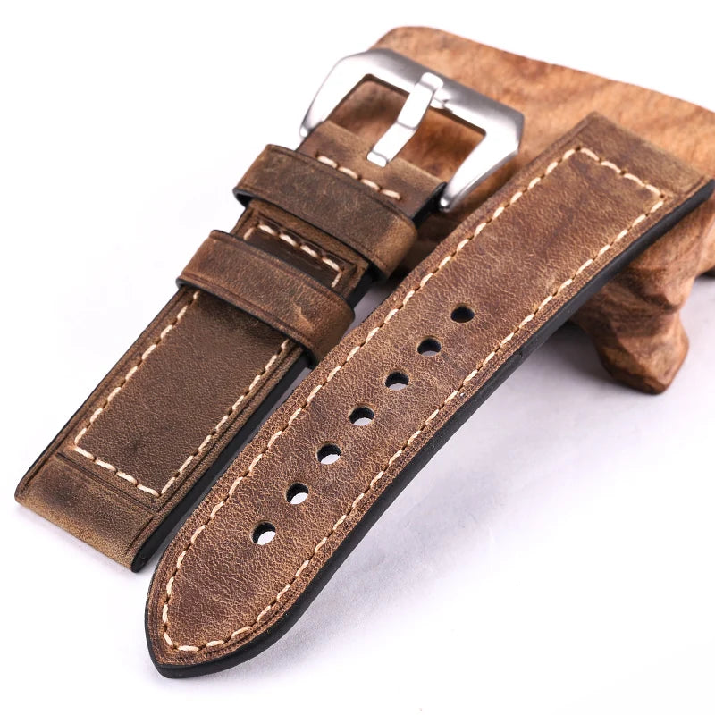 Handmade Retro Leather Watch Band Straps Stainless Steel Buckle 22mm 24mm Watchbands