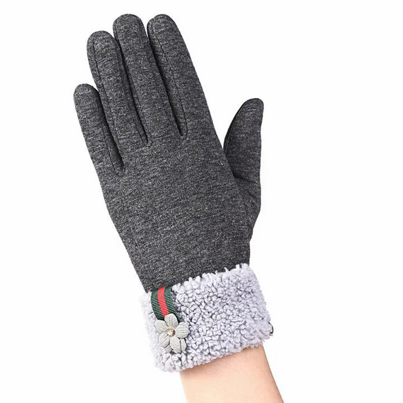 Female Winter Sports Fitness Warm Gloves Fashion Women Wrist Flowers Plus Cashmere Cotton Full Finger Touch Screen Gloves 13F