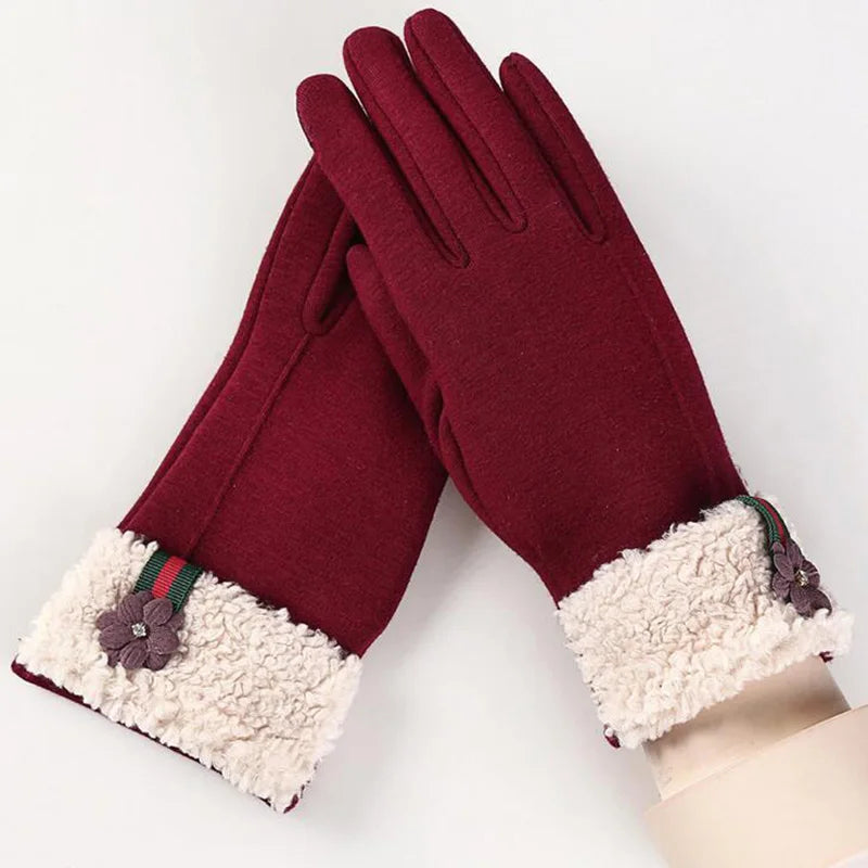 Female Winter Sports Fitness Warm Gloves Fashion Women Wrist Flowers Plus Cashmere Cotton Full Finger Touch Screen Gloves 13F