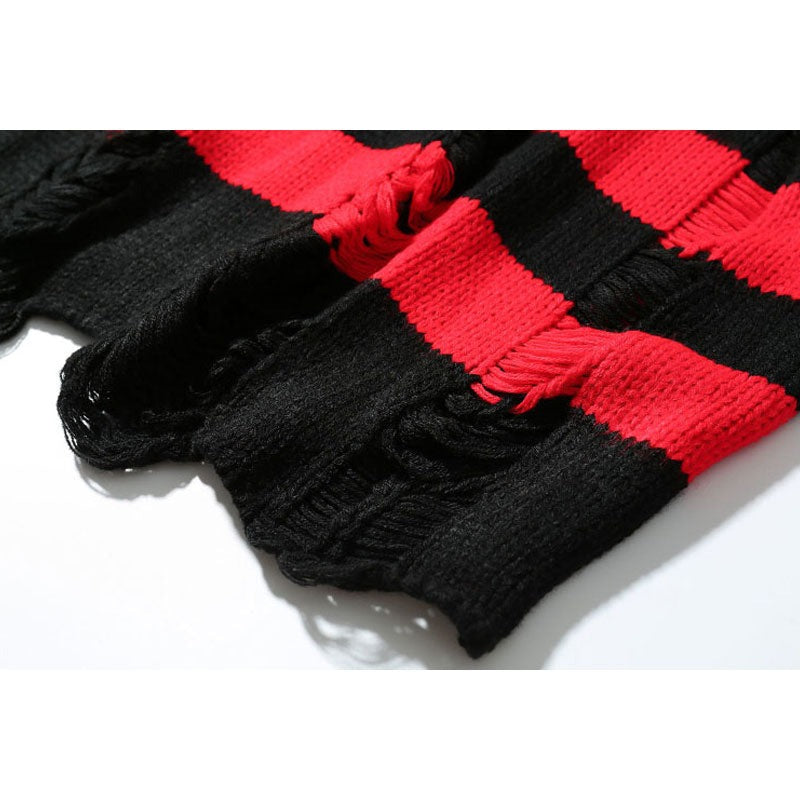 Ripped Stripe Knit Sweaters Men Hip Hop Hole Casual Pullover Sweater Male Loose Long Sleeve Sweaters Red Black