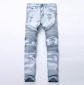 Men jeans Washed Light blue Moto Denim Pants Ripped Rider Biker Jeans Motorcycle Hip Hop For Skinny Stretch Hip Hop