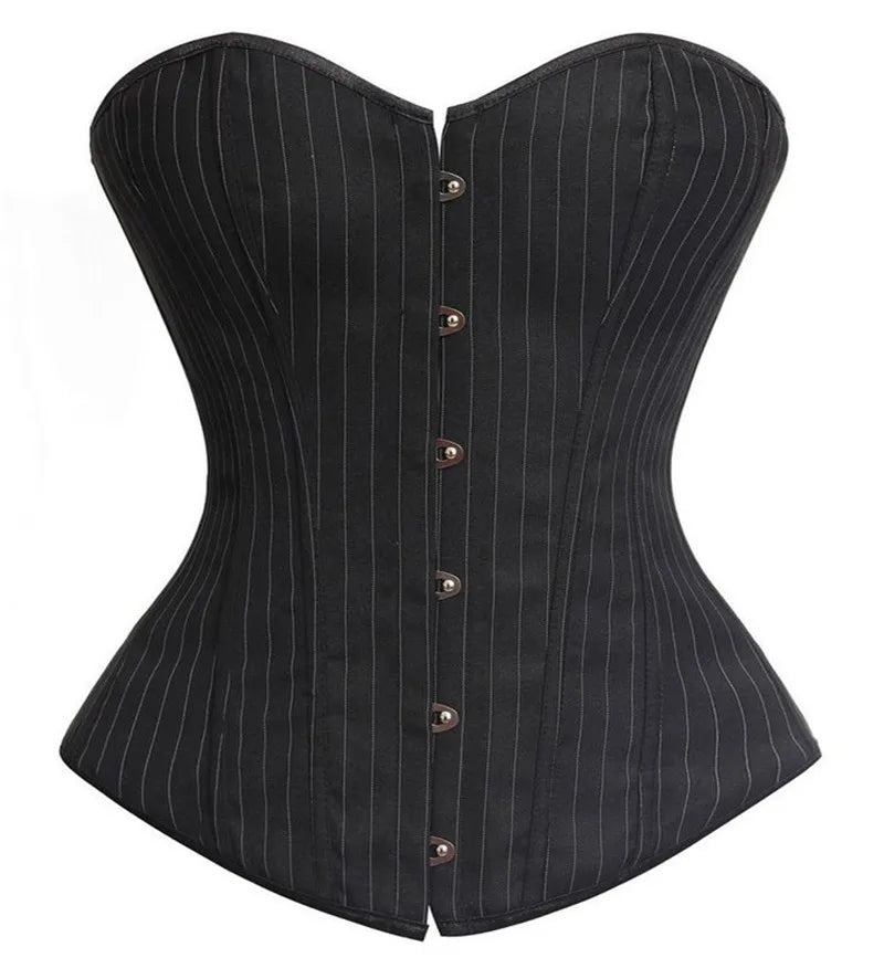 Black Striped Overbust Corset Office Lady Corset Bustier Strapless Tops