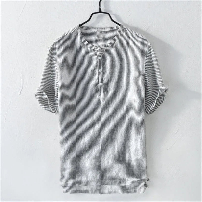 Linen Shirts Short Sleeve Tops Striped Breathable Causal Male Social Dress Shirts