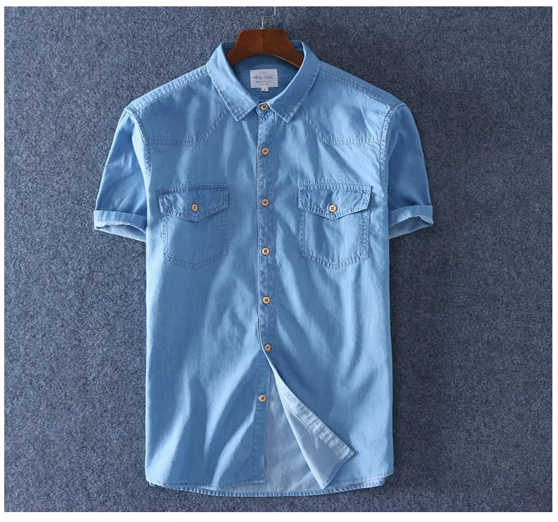 Summer Men Short Sleeved Denim Thin Shirt Soft Slim Jeans