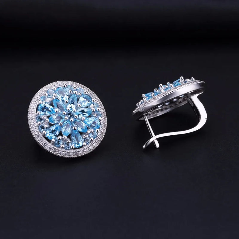 Natural Blue Classic Gemstone Round Stud Earrings 925 Sterling Silver Earrings For Women Fine Jewelry