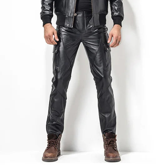 Men Leather Pant Biker Pants Motorcycle Punk Rock Pants man classic pocket leather pants leather trousers