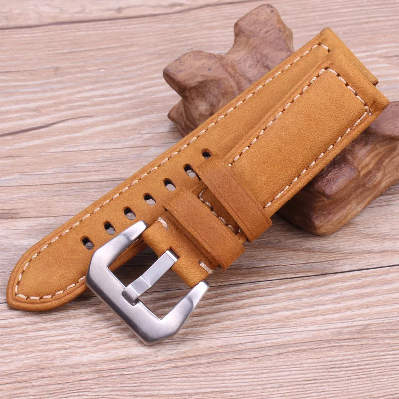 Leather Handmade Watchband Watch Band Strap With Silver Black Stainless Steel Pin Buckle