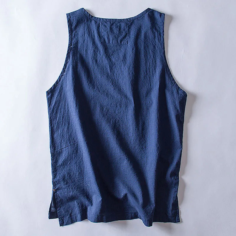 Summer Men Linen Tank Tops Thin Breathable Sleeveless Shirts Male Causal Tees Solid