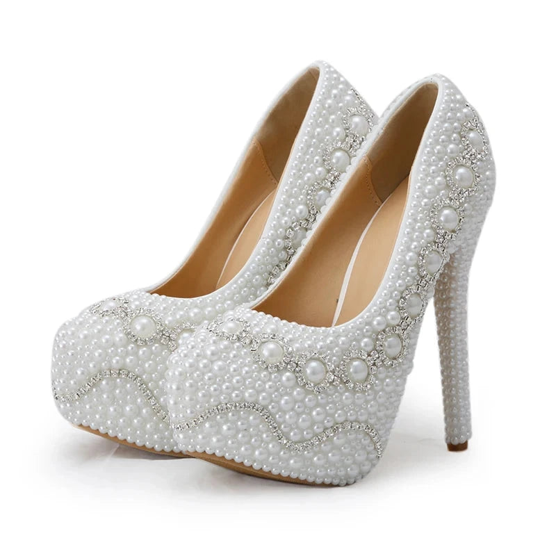 Pearl Heel crystal Women Wedding shoes Bride high heel platform shoes Pumps