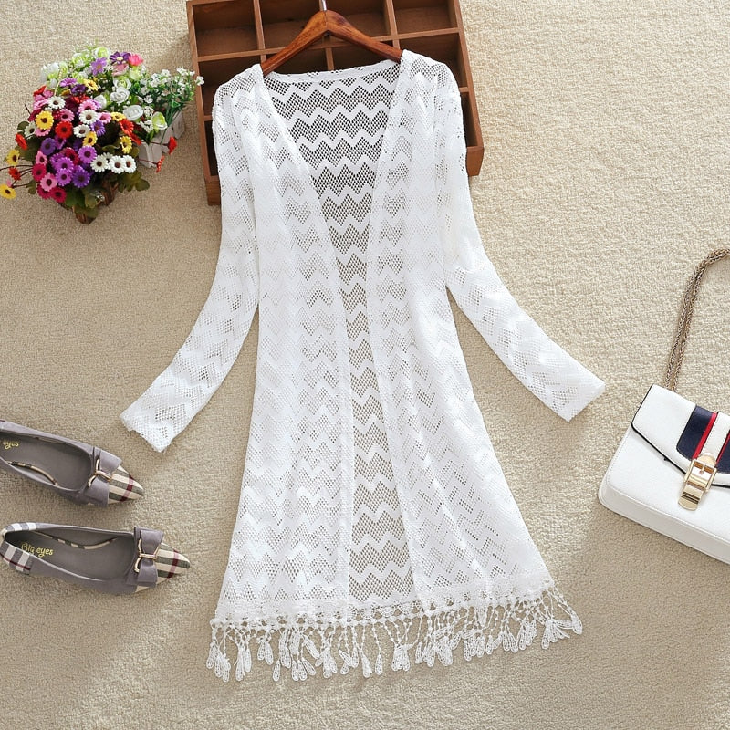 Women Slim Thin Lace Jacket Summer Long Sleeve Hollowing Tassels Medium Long Cardigan Womens Outerwear