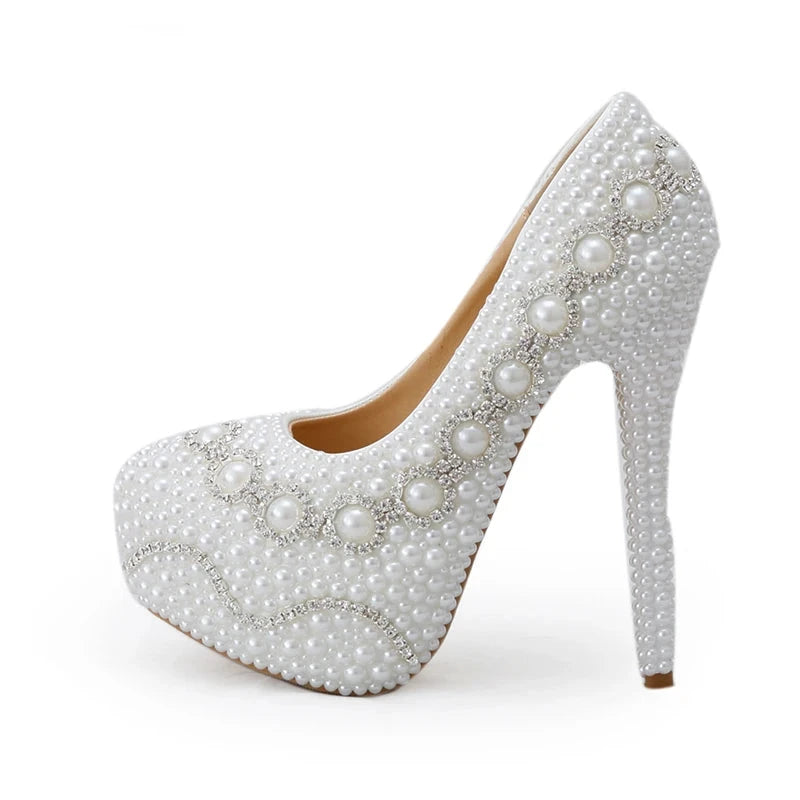 Pearl Heel crystal Women Wedding shoes Bride high heel platform shoes Pumps