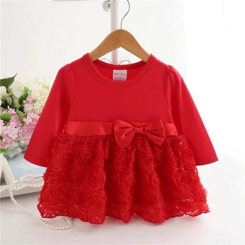 3-24M Baby Girls Dress 100% Cotton Infant Clothing Kids Clothes New Born Long Sleeves Flowers Party Princess NB Dresses Pink