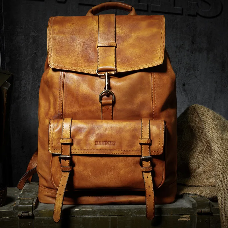 Luxury Leather Capacity Backpack Travel Bag Men Casual Bag Full Grain outdoors