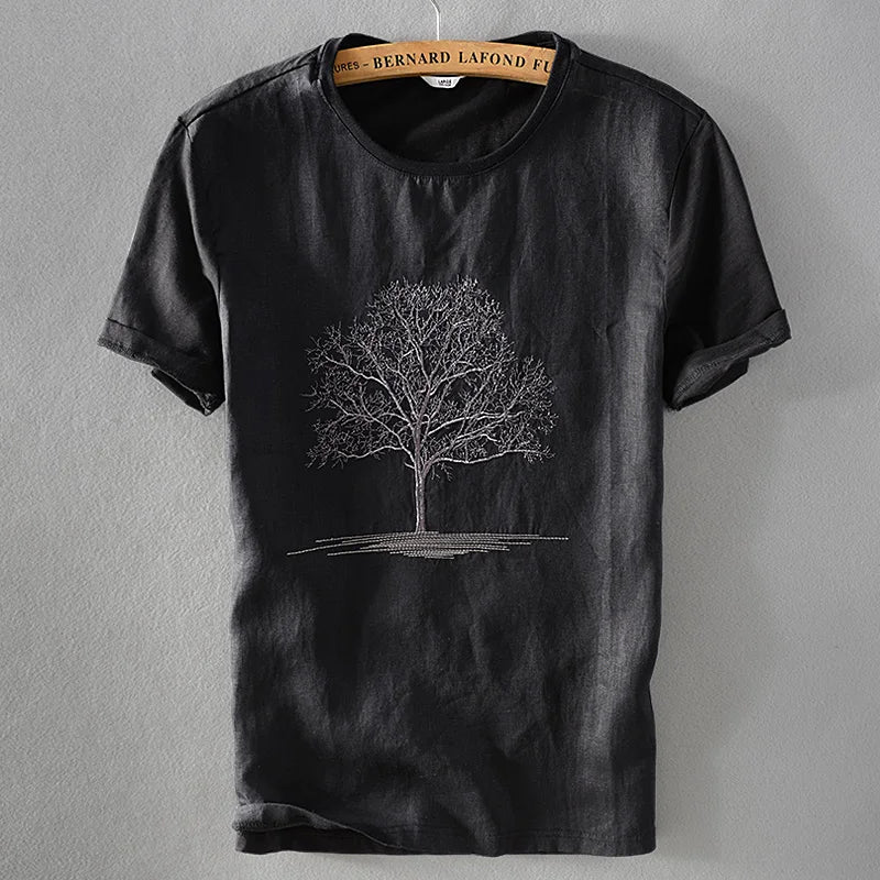 Linen men summer black t-shirt casual embroidery breathable for men