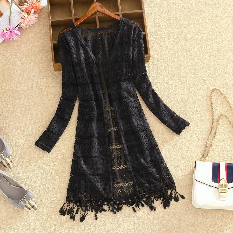 Women Slim Thin Lace Jacket Summer Long Sleeve Hollowing Tassels Medium Long Cardigan Womens Outerwear