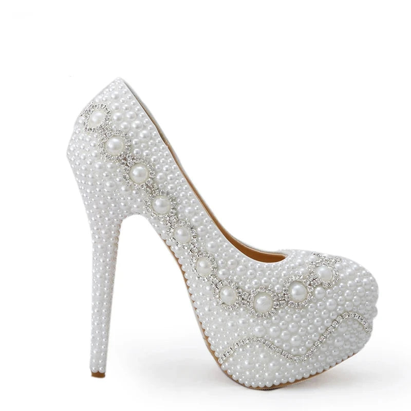 Pearl Heel crystal Women Wedding shoes Bride high heel platform shoes Pumps