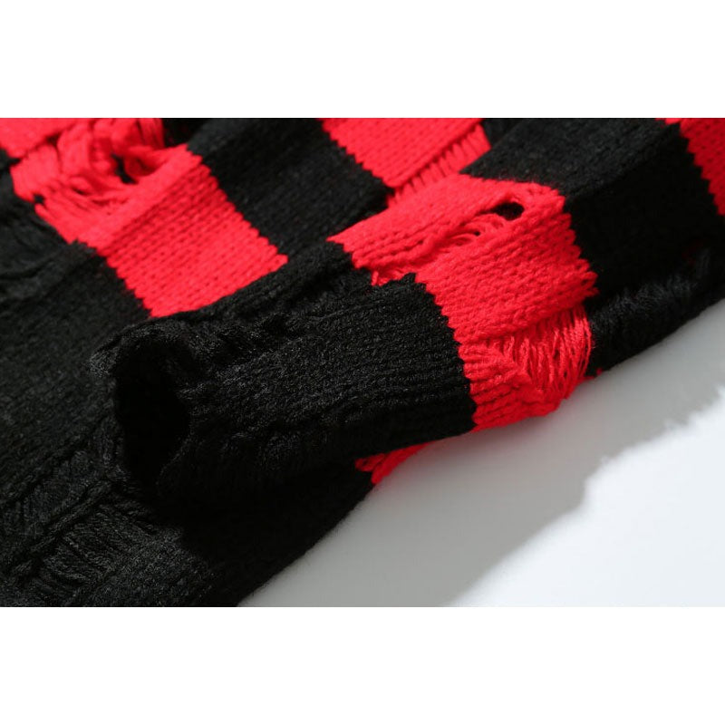 Ripped Stripe Knit Sweaters Men Hip Hop Hole Casual Pullover Sweater Male Loose Long Sleeve Sweaters Red Black