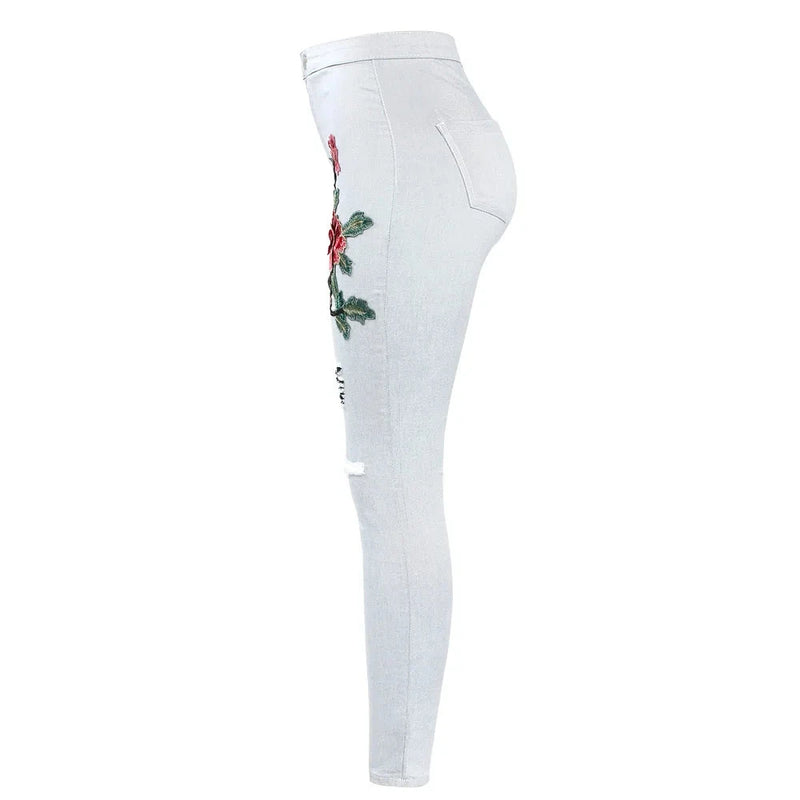 Ripped Knees Floral Jeans With Embroidery Woman Stretchy Denim Pants Trousers For Women