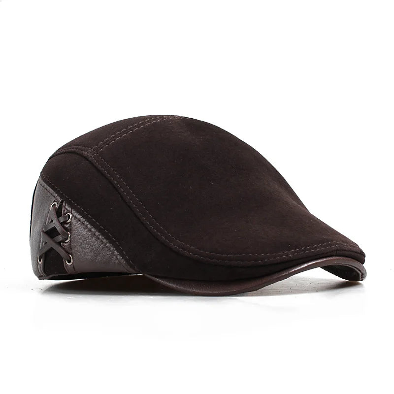 Genuine Leather Caps Beret Man Casual Fitted Duckbill Hats Male