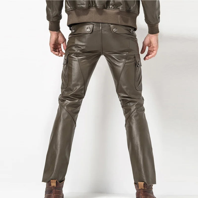 Men Leather Pant Biker Pants Motorcycle Punk Rock Pants man classic pocket leather pants leather trousers