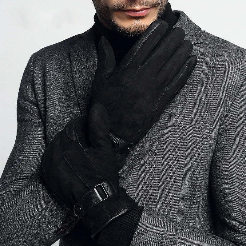 Genuine Leather Gloves Male Autumn Winter Warm Men Black Suede Gloves Wrist Buckle Glove