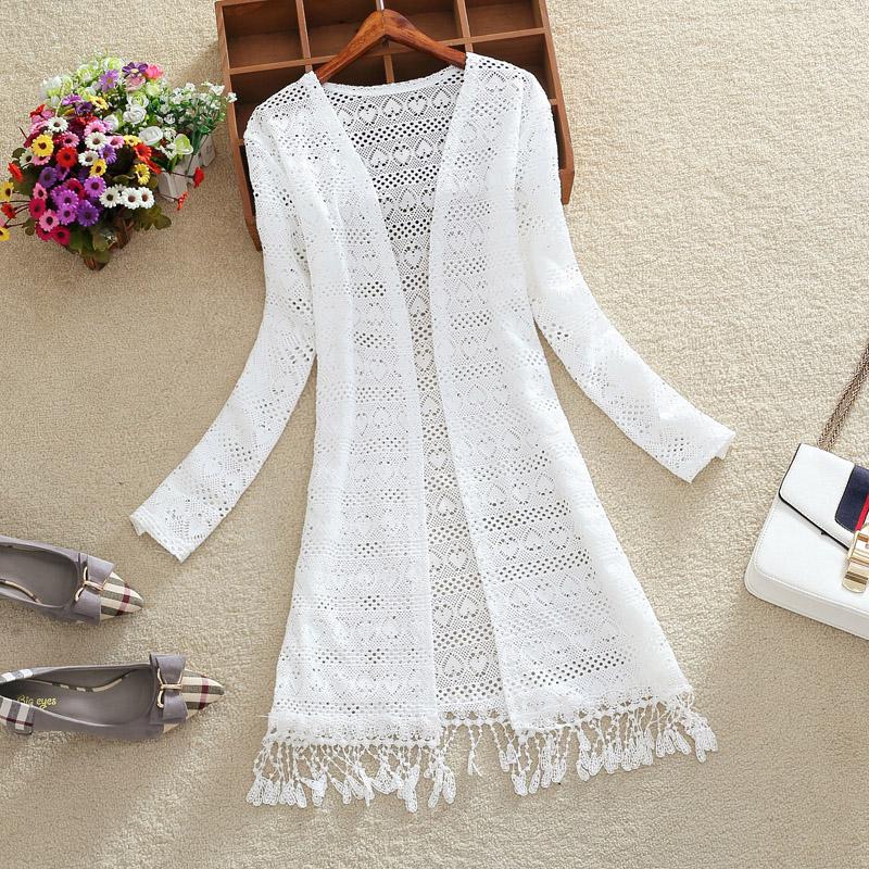 Women Slim Thin Lace Jacket Summer Long Sleeve Hollowing Tassels Medium Long Cardigan Womens Outerwear