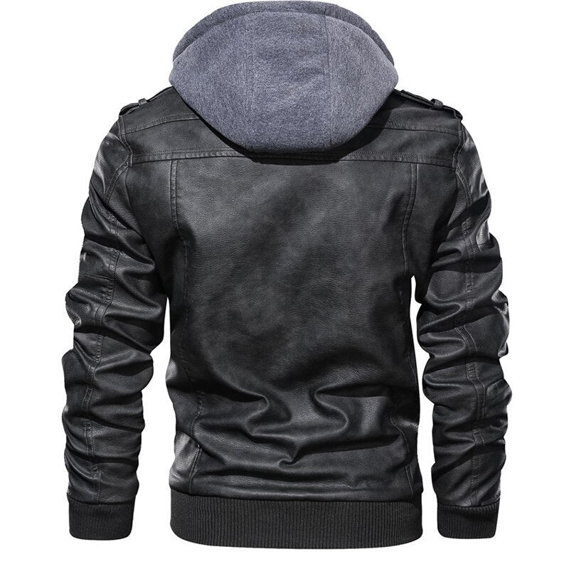 Motorcycle Leather Jacket Men Windbreaker Hooded Jacket Male Outwear Faux Leather Men Jackets Euro