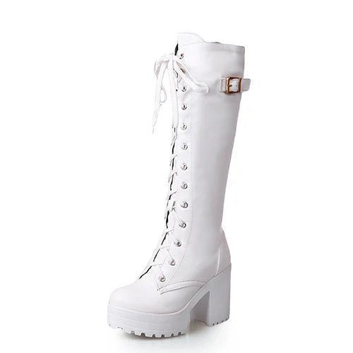 Spring Autumn Lacing Knee High Boots Women White Square Heel Woman Leather Shoes