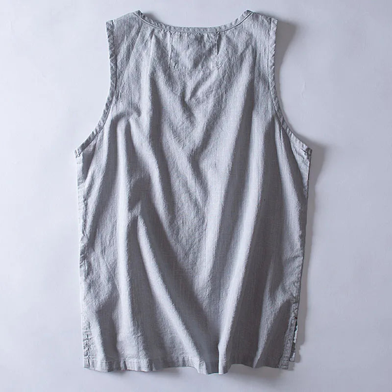 Summer Men Linen Tank Tops Thin Breathable Sleeveless Shirts Male Causal Tees Solid