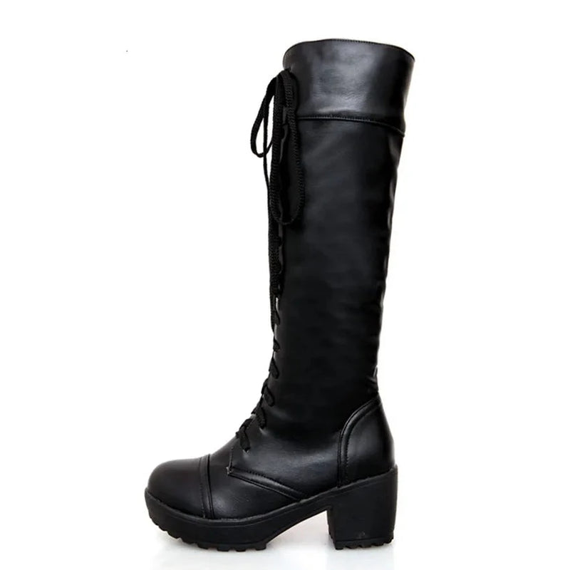 Lace Up Knee High Boots Women Autumn Soft Leather Square Heel Woman Shoes Winter