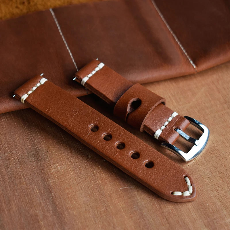 Genuine Leather Watch Strap Aircraft Buckle Hand-stitched Line