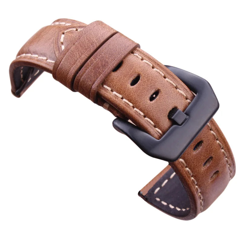 Genuine Leather Watchbands Dark Brown Vintage Watch Strap With Silver Black Stainless Steel Buckle