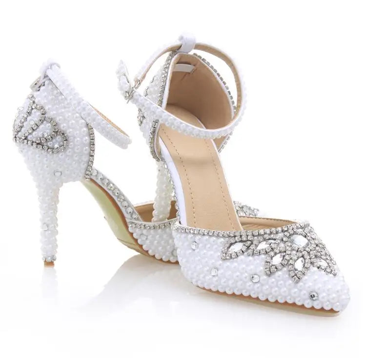 White pearl Bridal Wedding shoes Women Summer Sandals woman real leather 10cm heel shoes