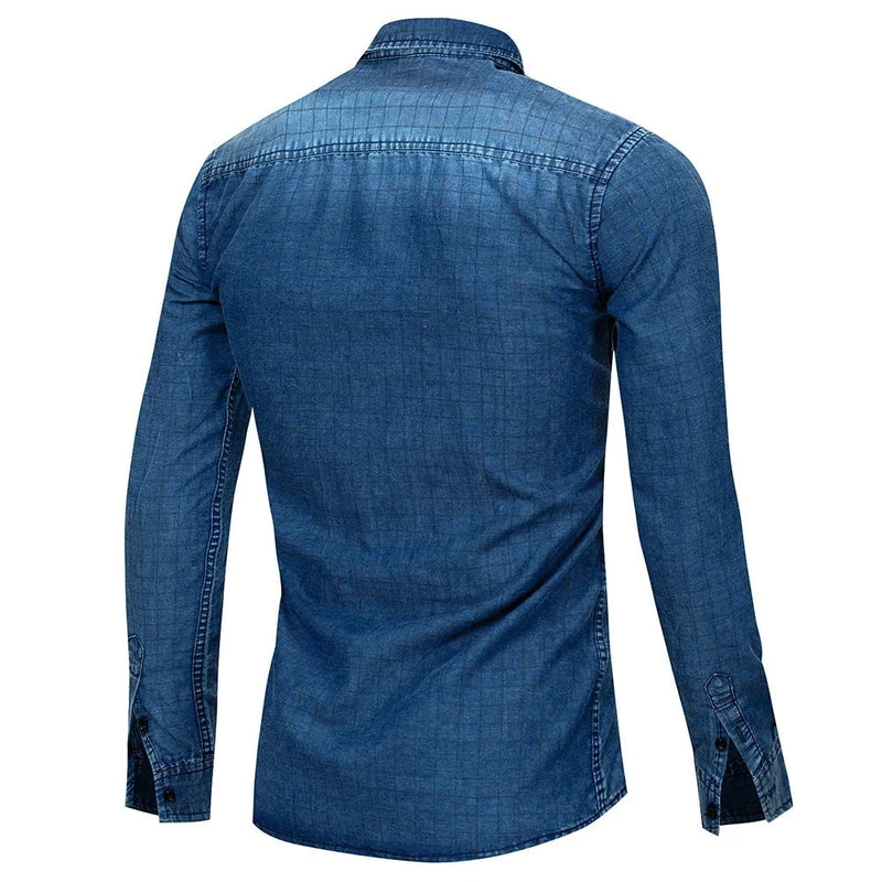 Autumn Denim Jean Shirt Cotton Washed Plaid Checked Shirt Long Sleeve Casual Shirts Male