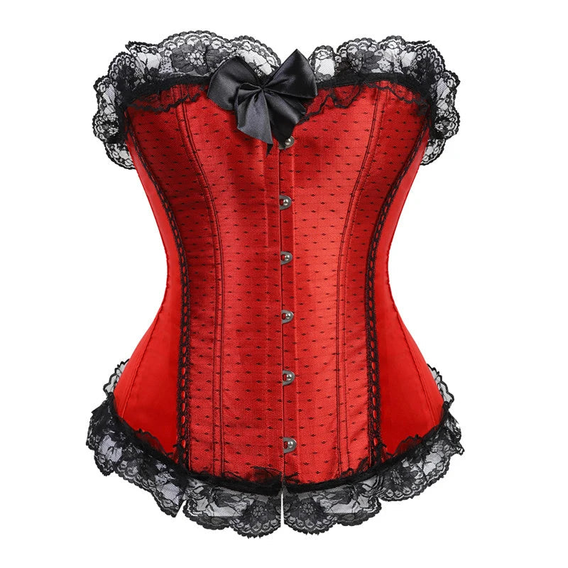 Pink Corset Top Bustier with Lace Up Trim Satin Overbust Ladies Shaper Victorian Floral Princess Red