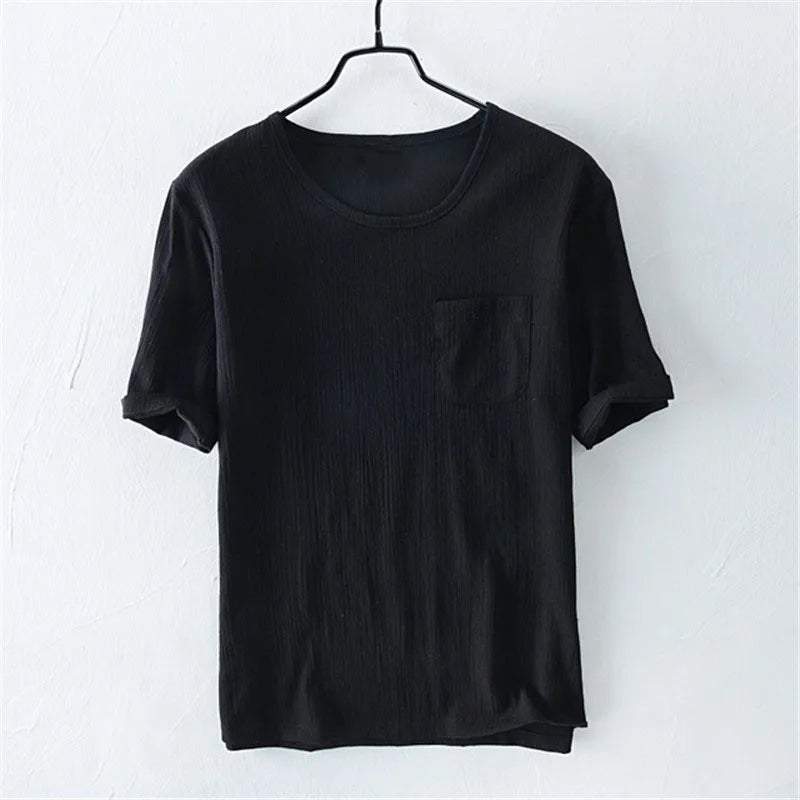 Summer Men T Shirts Short Sleeve Round Collar Breathable Linen Tops Tees Causal