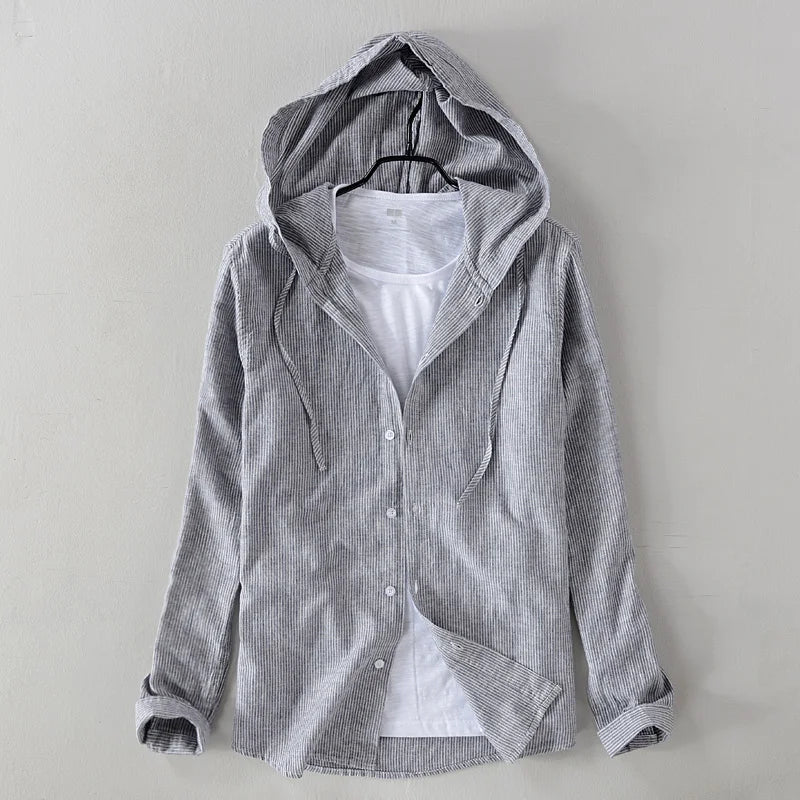 Mens cotton and linen casual hooded long-sleeved shirt shirt men stripe unique design shirts men