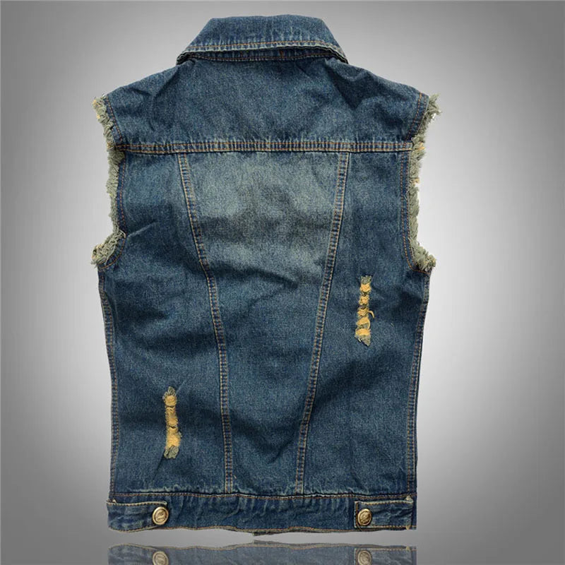 Summer Men Ripped Denim Vest Male waistcoat Man Retro Sleeveless Jacket