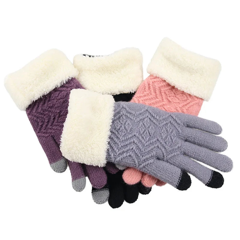 Female Knitted Touch Screen Mitten Winter Women Wool Plus Cashmere Velvet Thicker Warm Full Finger Glove