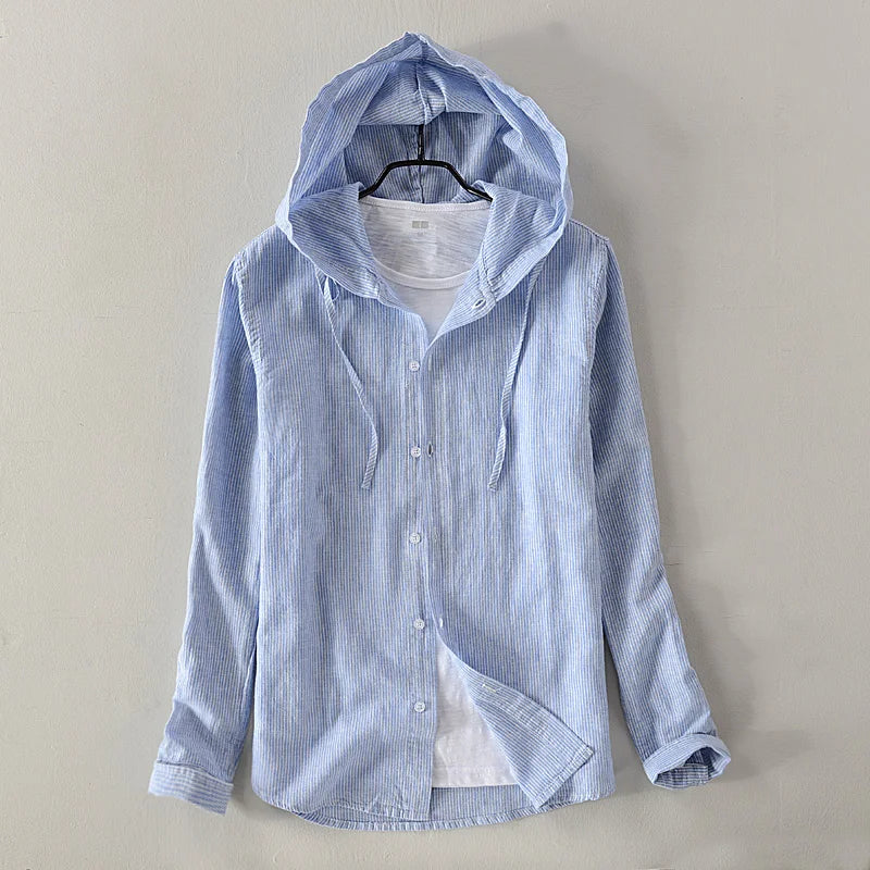 Mens cotton and linen casual hooded long-sleeved shirt shirt men stripe unique design shirts men