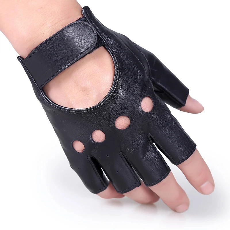 Black Semi-Finger Gloves Genuine Leather Male Mitring Ride Motorcycle Men Half Finger Driving Gloves