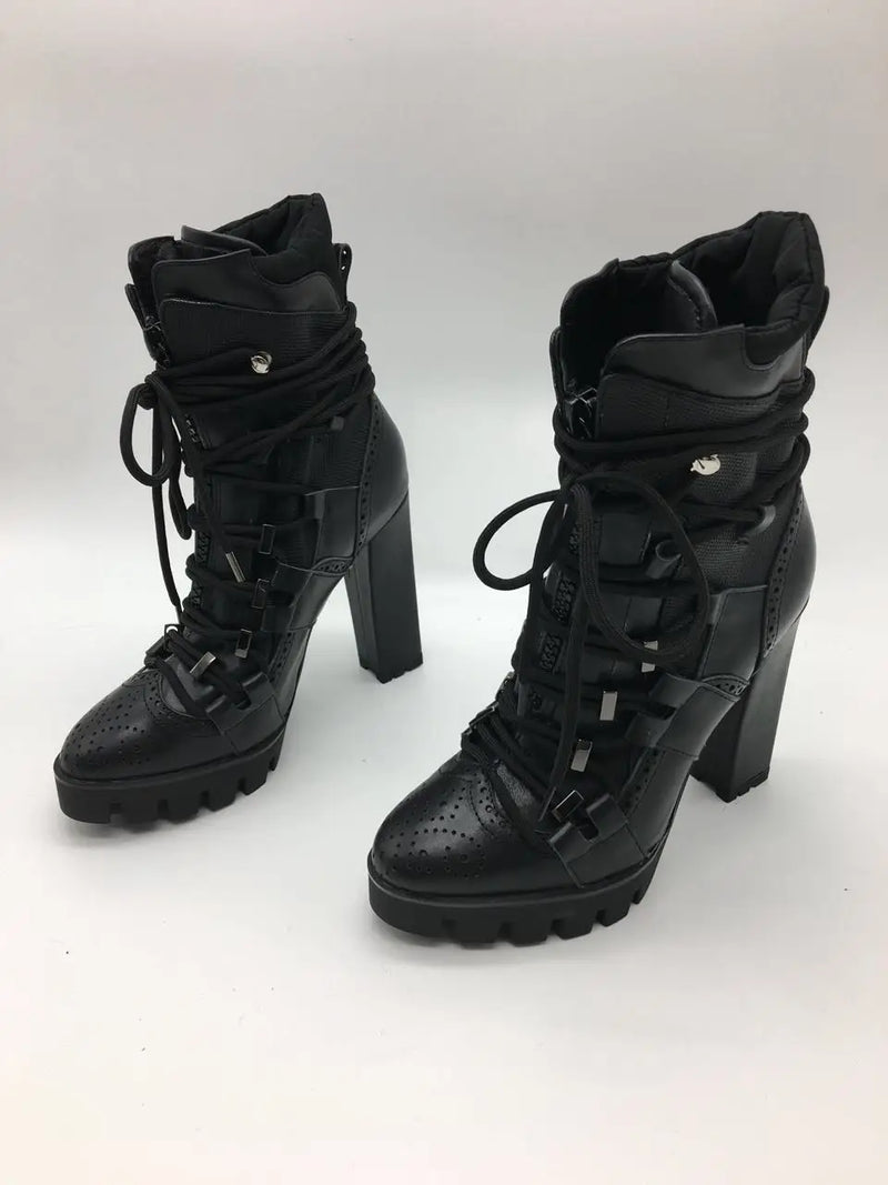 Women Cross-tied Platform Motorcycle Boots Square High Heels Ankle Boots